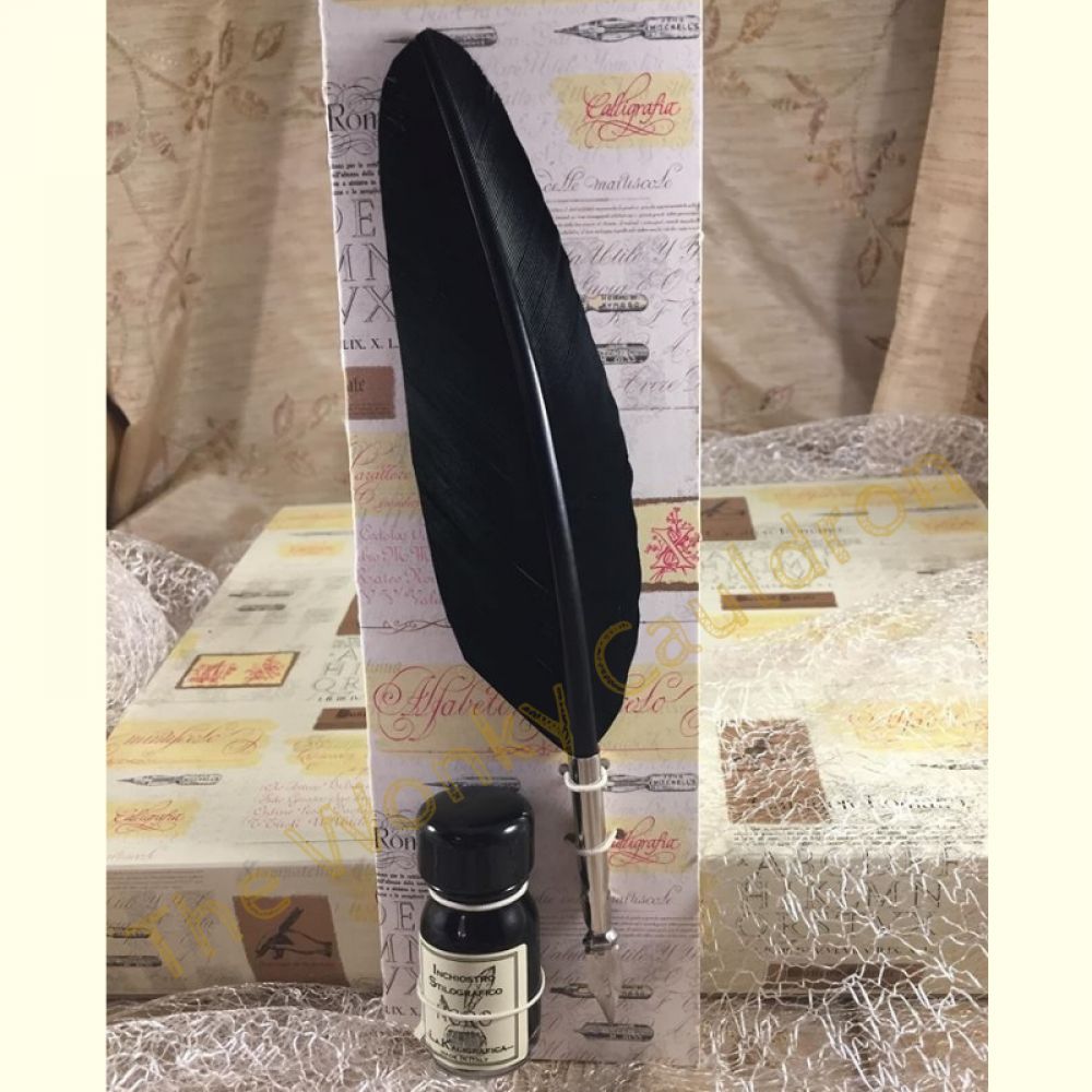 Black Raven Feather Quill with Black Ink