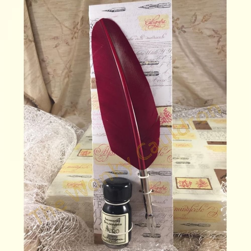 Deep Red Feather Quill with Black Ink