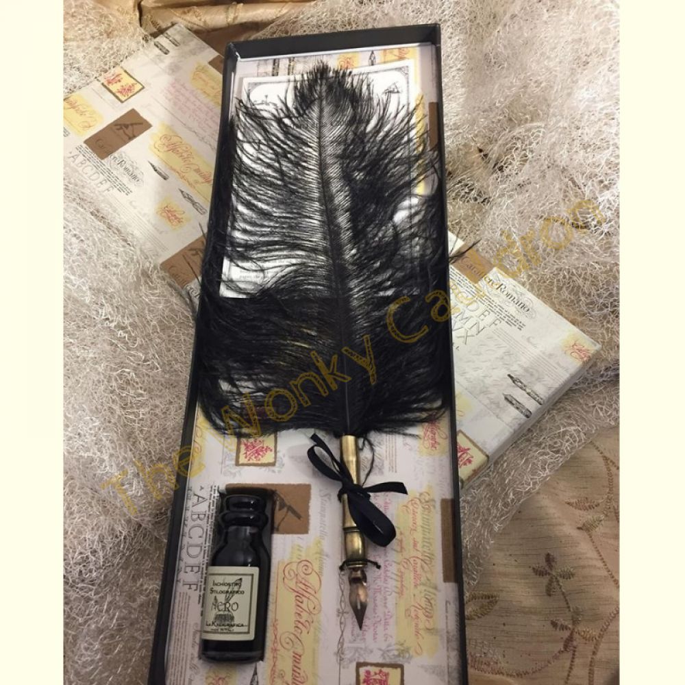 Black Ostrich Feather Quill & Ink Set 
