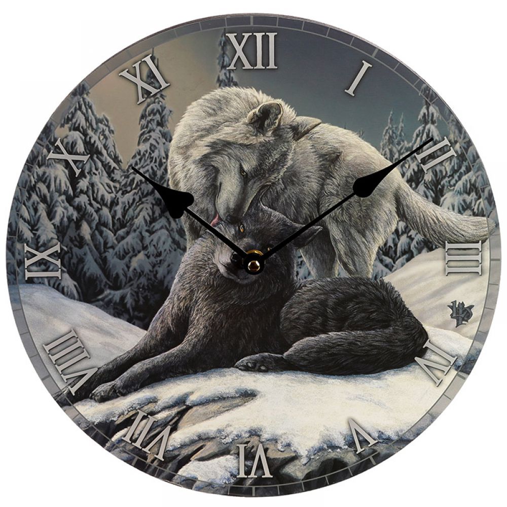 Snow Kisses Wolf Wall Clock by Lisa Parker